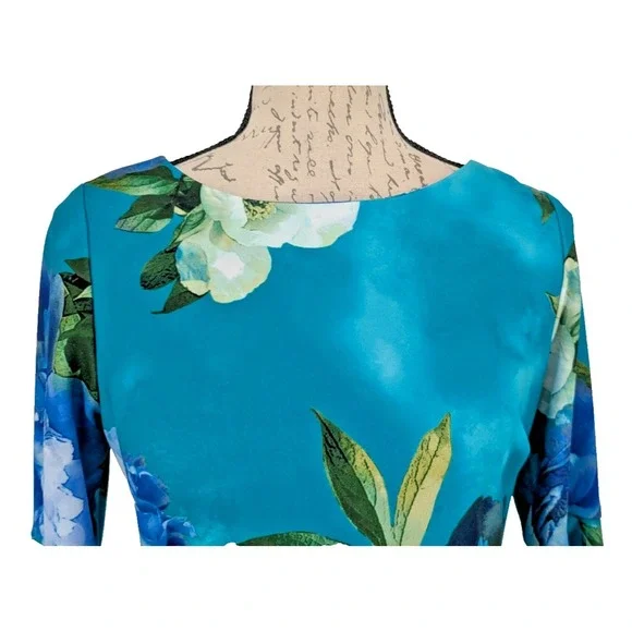 CALVIN KLEIN Midi Dress SIZE 8 Turquoise Blue White Bold Floral Easter GREAT - Picture 8 of 13